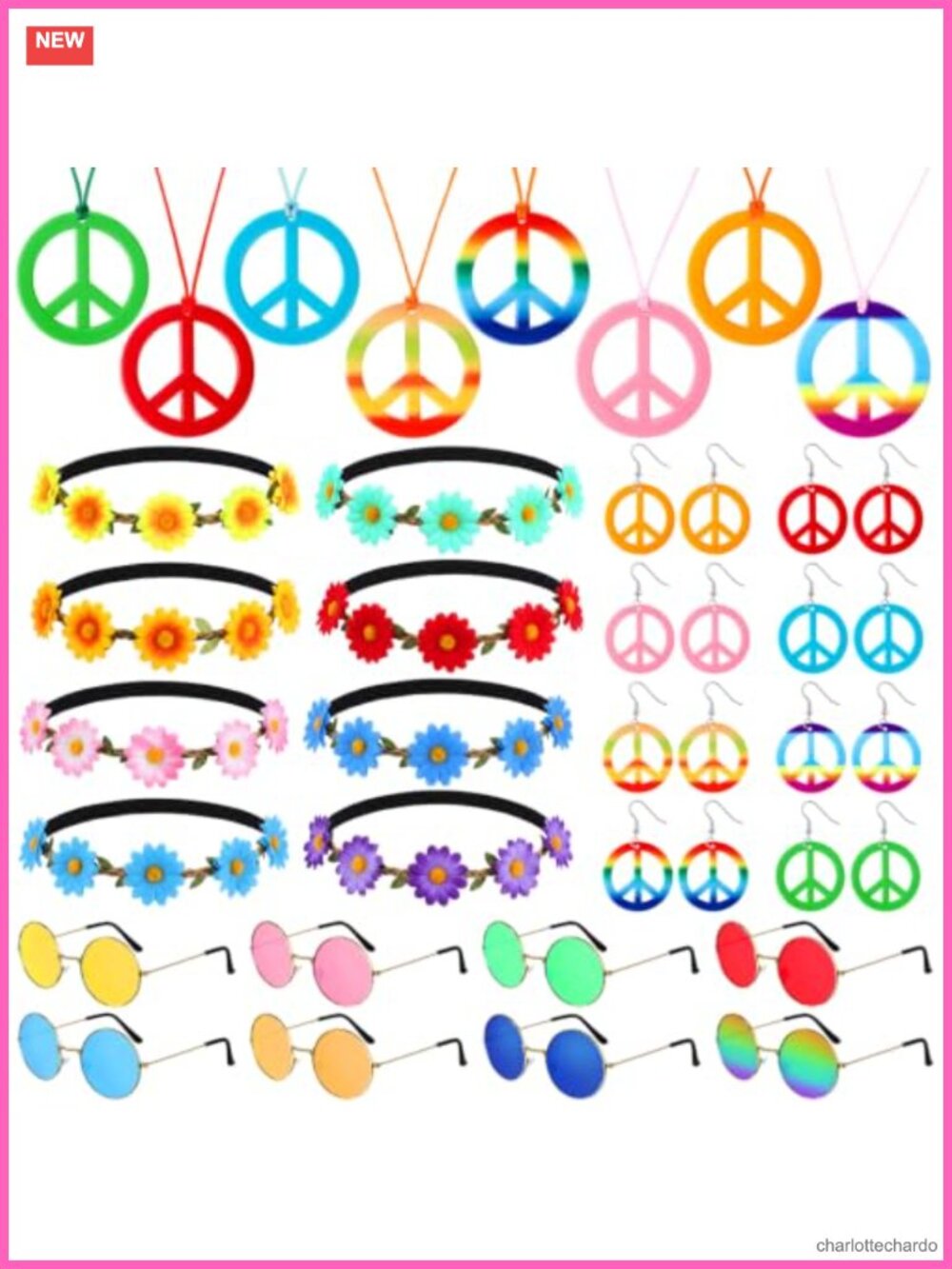 32 Pc Hippie Costume Accessory Set for Women Necklaces Headbands Earrings